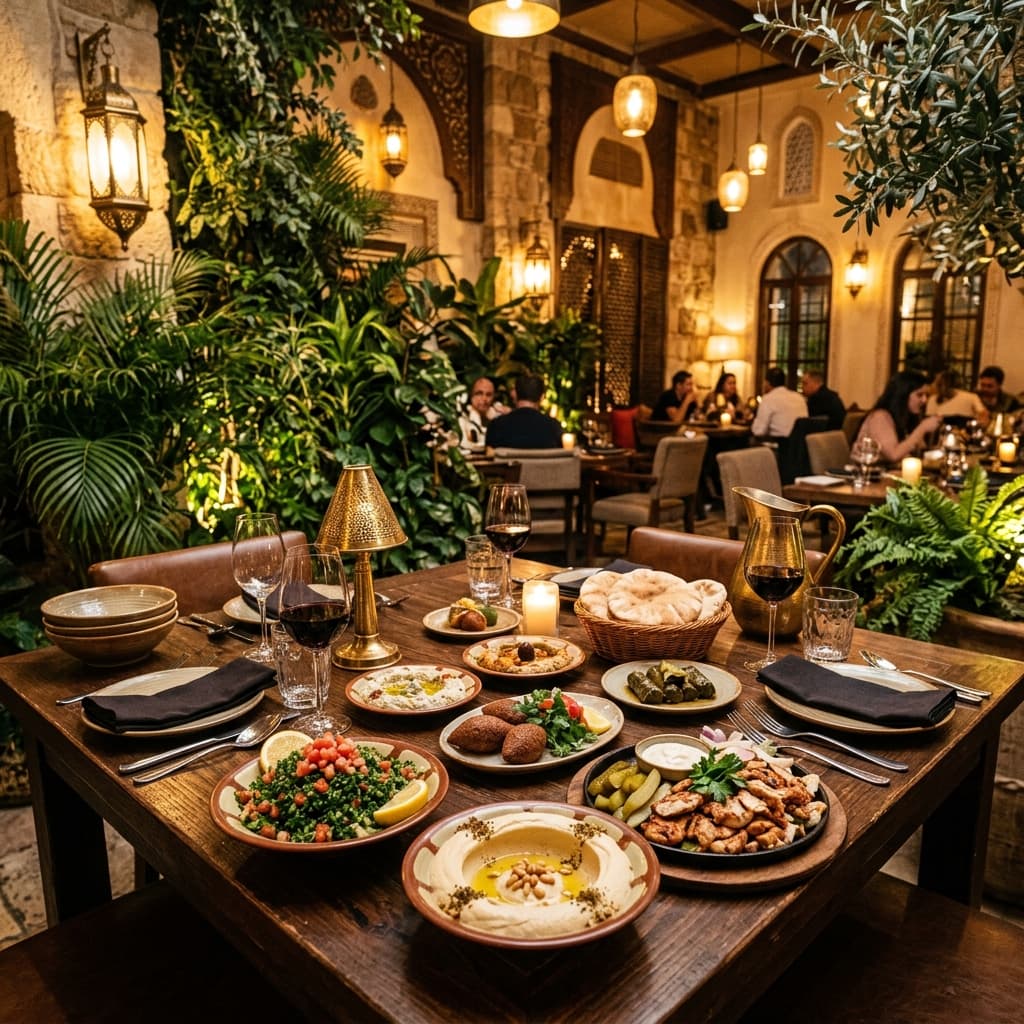 A table at Zaitoon set with hummus, tabbouleh, falafel and grilled chicken
